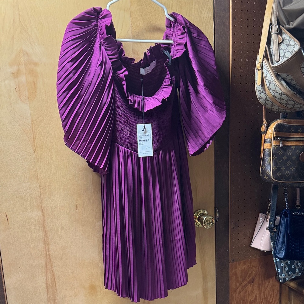 Zara Purple Pleated Dress with Ruffle Detail